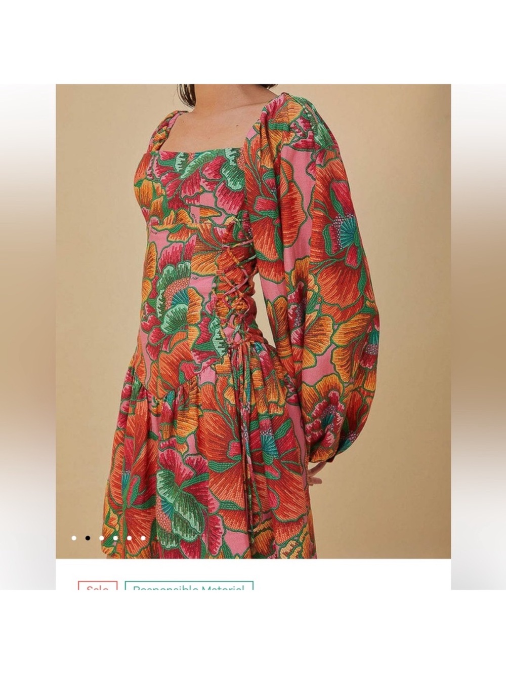 FARM Rio Orange Pink Green Floral Puff-Sleeve Mini Dress - Picture 2 of 8